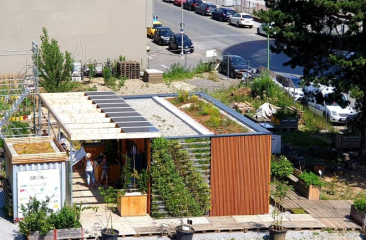 Community space wood building integration of green roofs/walls and pv, green.LAB GRÜNSTATTGRAU